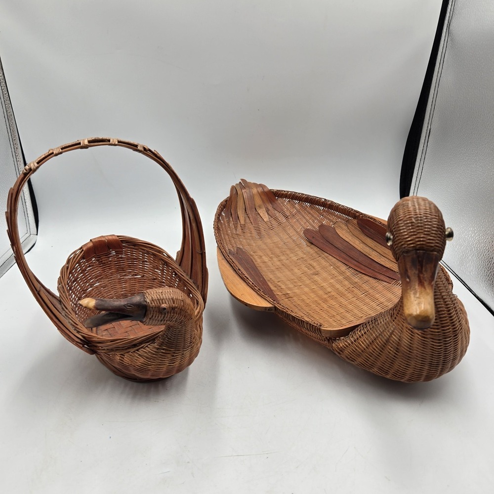 Vtg Goose Duck Baskets Bamboo Rattan Wicker With Handle Cottagecore Boho EUC